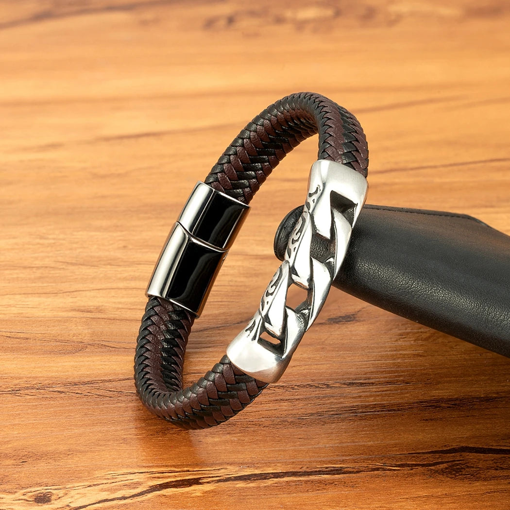Stainless Steel Men's /Women Bracelet.   Woven Leather  with  Magnetic Buckle.  Business Jewelry/ Accessory /Gifts