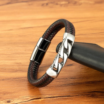 Stainless Steel Men's /Women Bracelet.   Woven Leather  with  Magnetic Buckle.  Business Jewelry/ Accessory /Gifts