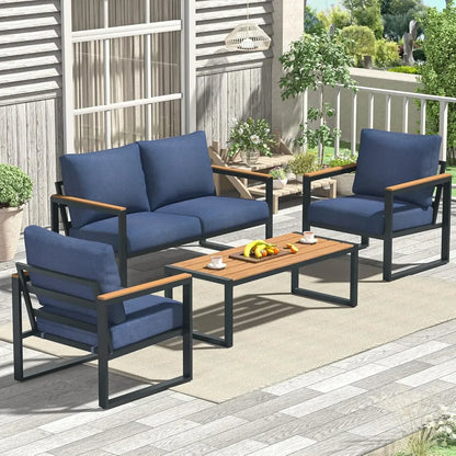 4 Pieces Outdoor Patio Furniture with Coffee Table Set, Metal Patio Set with Washable Cushions