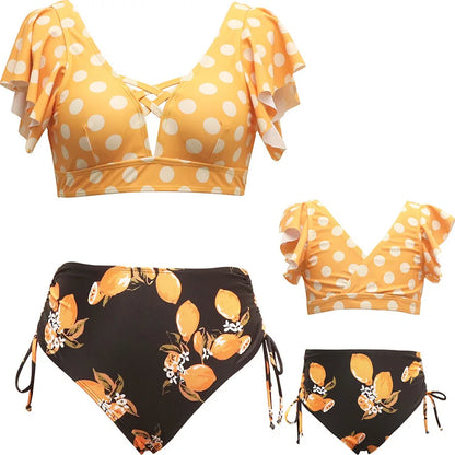Ruffled Mother /Daughter Matching Swimsuits,  O-Neck,  Mom /Baby,  Woman /Girls Swimwear