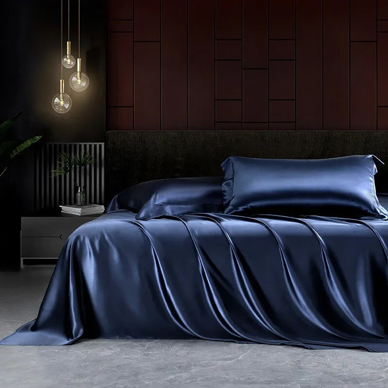 Solid 4pcs Silk Bedding Set with Duvet Cover,  Fitted/Flat Bed Sheet,  Pillowcase,  Bedspread and Coverlet,  Single / Double Bedsheet