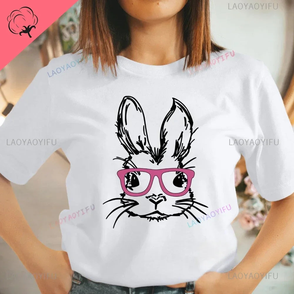 Bunny with Sunglass Unisex Retro Aesthetic T-shirt Funny. Happy Easter Bunny,  Cotton Tshirt, Ears  and Cute Rabbit