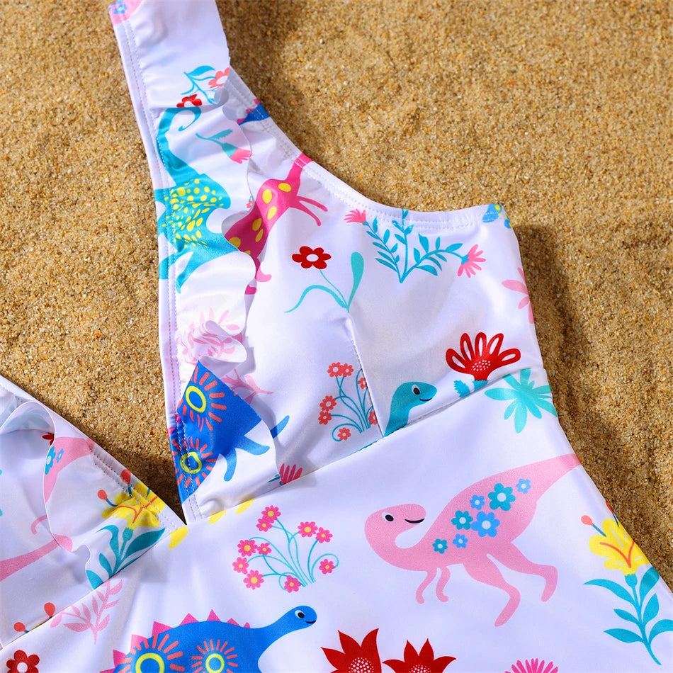 Dinosaurs Swimwear,  Matching  Family Swimwear with V-Neck Mother /Daughter Swimsuits Mommy and Me Dresses Clothes Father /Son Swim Shorts