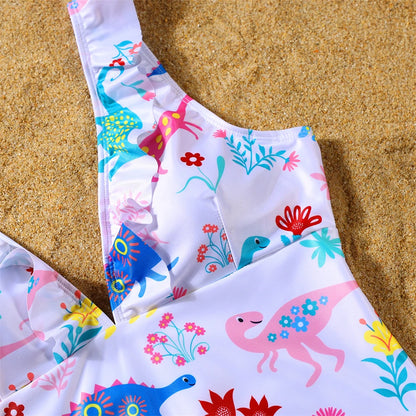 Dinosaurs Swimwear,  Matching  Family Swimwear with V-Neck Mother /Daughter Swimsuits Mommy and Me Dresses Clothes Father /Son Swim Shorts