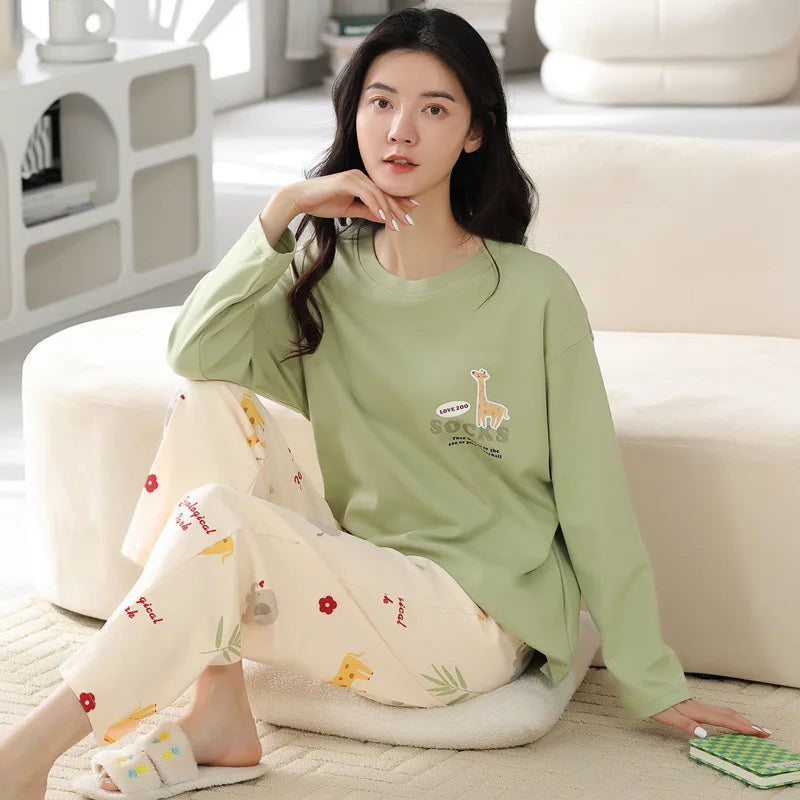 2Pcs/set women's pajamas spring and autumn with long trousers, cartoon cute  and can be worn outside  for leisure and comfort