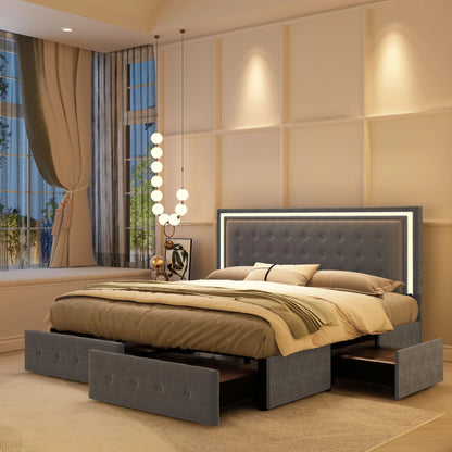 Queen LED Bed Frame with 4 Storage Drawers, Headboard, PU Upholstered, No Box Spring Needed, 900 lbs Support