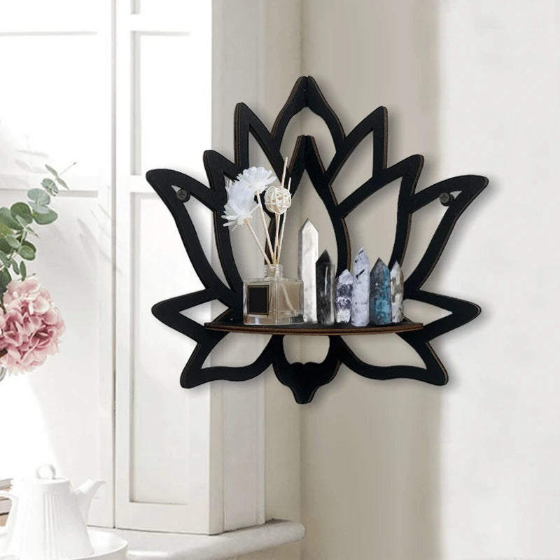 Wooden Lotus Hollow Decorative Rack, Aromatherapy Organiser for Essential Oils,  Candle Holder. Wall Mounted Corner Shelf