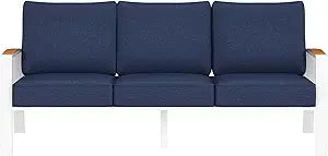 Outdoor Couch,  Aluminum Patio Furniture Set,  All-Weather Metal 3-Seat Sofa with Solid Teak Armrest and Thick Cushions,