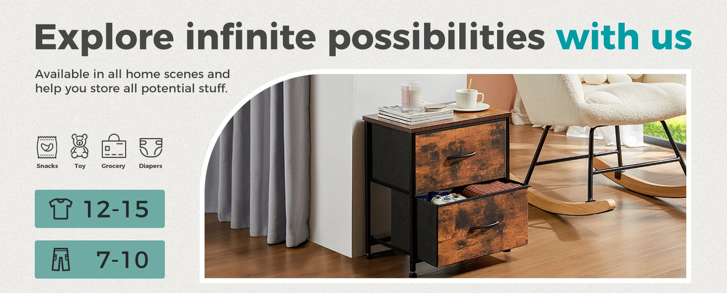 Bedside Nightstand  for Coffee,Tea. Table Storage  for Closet,  2 Fabric Drawers.