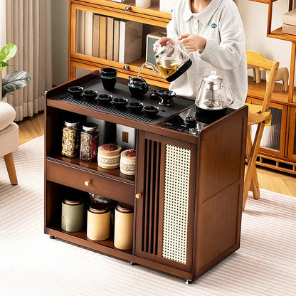 Small, Mobile tea table, Kettle integrated tea cabinet with Solid wood coffee table.  Tea cart Brewing tea table