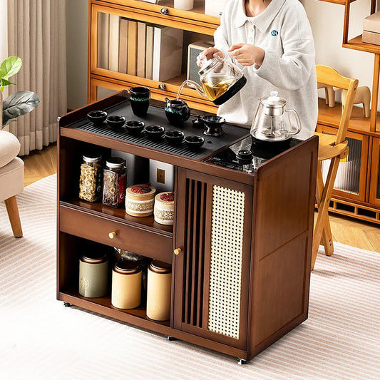 Small, Mobile tea table, Kettle integrated tea cabinet with Solid wood coffee table.  Tea cart Brewing tea table