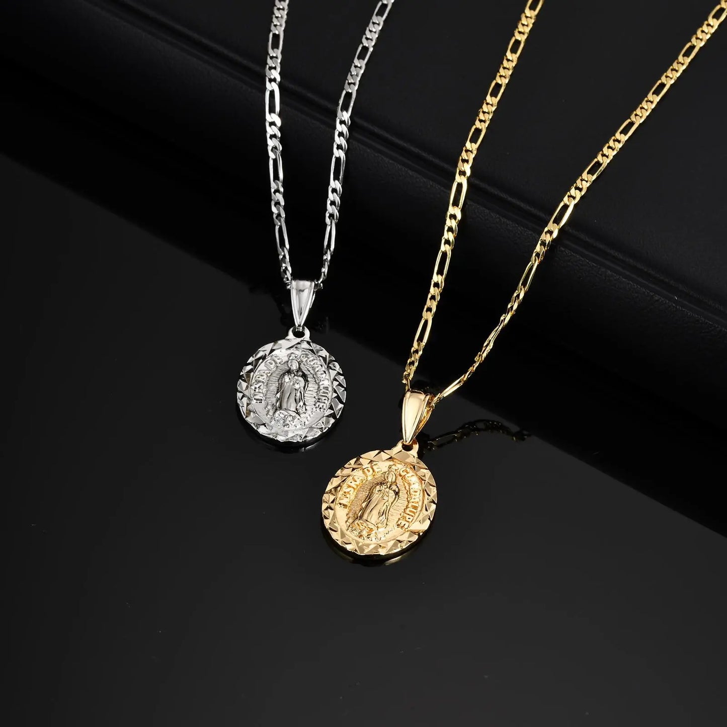 Virgin Mary Necklace for Men Boys,Catholicism Oval Pendant with Figaro Chain,Faith Prayer Jewelry Gift
