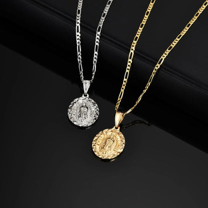 Virgin Mary Necklace for Men Boys,Catholicism Oval Pendant with Figaro Chain,Faith Prayer Jewelry Gift