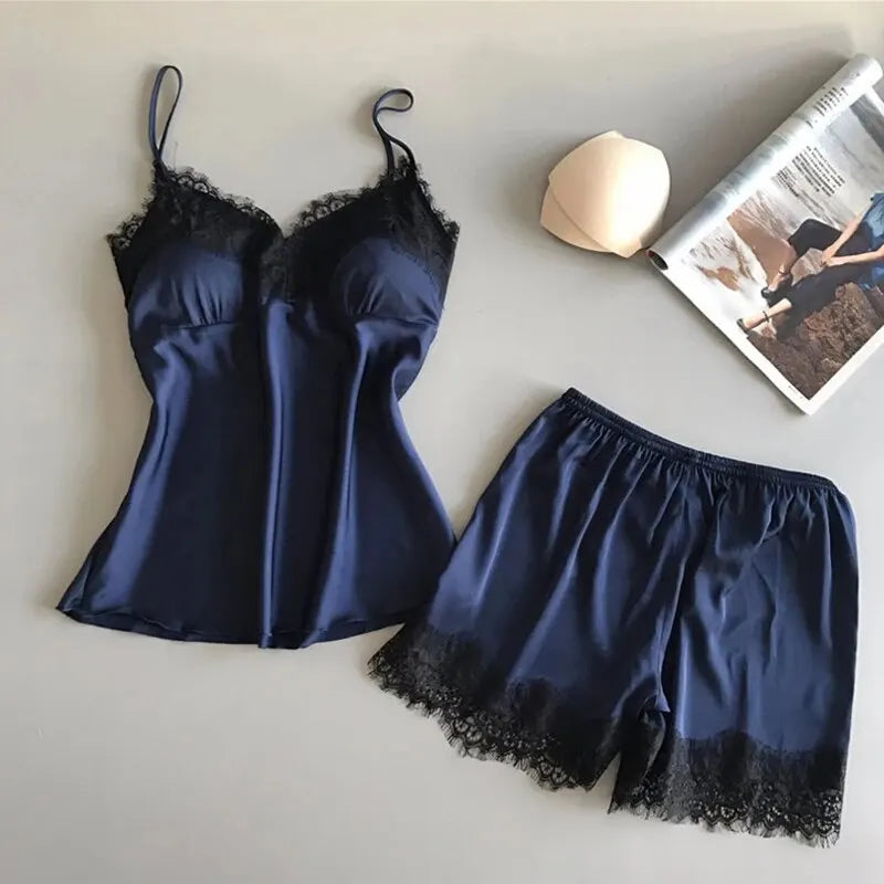Women's Halter Pajamas 2 PCS Camisole And Shorts Home Wear Red Black Sexy Lace S M Ventilate Comfort