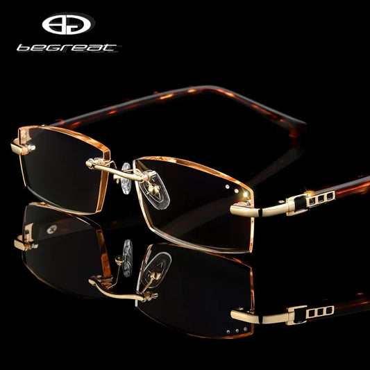 Luxury Designer Reading Glasses.  Rimless Diamond Cutting Frame for  Men  and Women.  Presbyopia, Anti-blue Light, RECTANGULAR Shaped Reading Glasses.  Great Choices on these.
