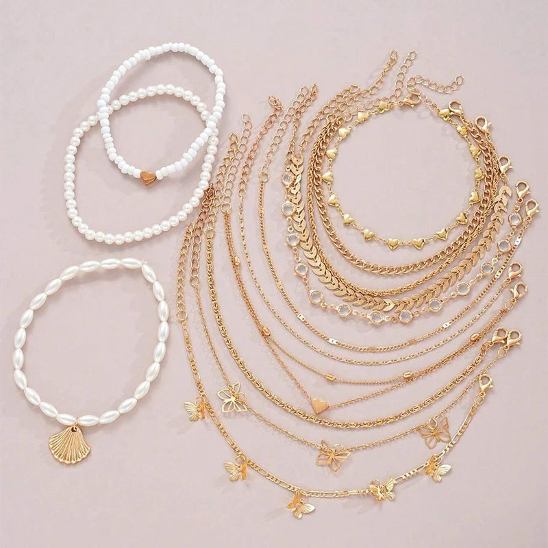 13pcs/Set Bohemian Heart,  Butterfly,  Rhinestone Anklet for Women.  Faux Turquoise Multi-Element Anklets,  Summer Beach Party Jewelry