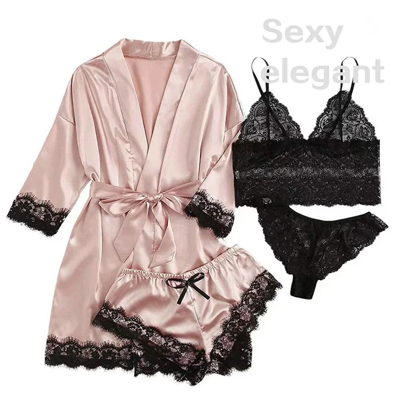 4 Pieces of Womens Sleepwear. Pajamas Set With Robe Sexy Lace Lingerie including 3 more Silk Satin Home  Nightwear.  HAPPY MOTHERS DAY!!!