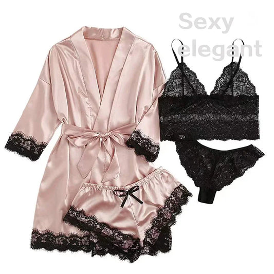 4 Pieces of Womens Sleepwear. Pajamas Set With Robe Sexy Lace Lingerie including 3 more Silk Satin Home  Nightwear.  HAPPY MOTHERS DAY!!!