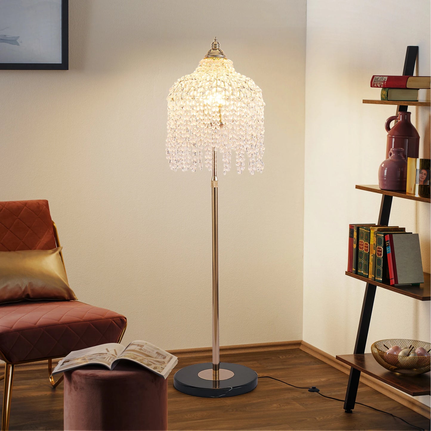 3-Light Elegant Crystal Floor Lamp (Vintage), Waterfall Design with Crystal Bead Strings and Marble Texture Base (No Bulb)