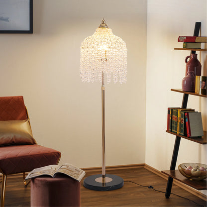 3-Light Elegant Crystal Floor Lamp (Vintage), Waterfall Design with Crystal Bead Strings and Marble Texture Base (No Bulb)
