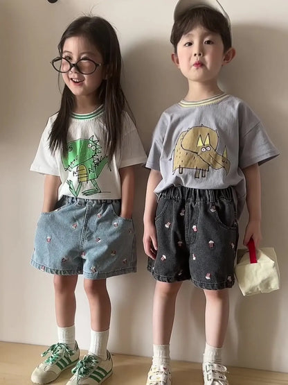 Kids Denim Shorts for 80-150cm Boys  or  Girls. Popcorn Embroidery  with Elastic Waist, Casual Knee Length Teen Children Pants