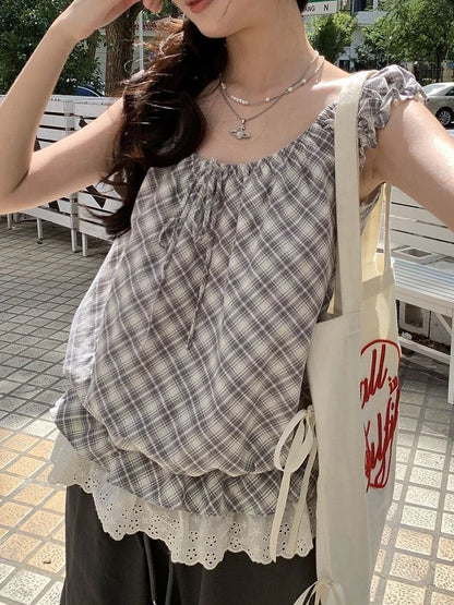 Crop Tops for Girls/ Women.   Plaid, Spliced,  Sleeveless,  Ruffled Lace  Fashion Tank. New Chic Female Tops