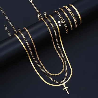 7-Piece Elegant Stainless Steel Minimalist Cross Pendant Jewelry Set for Men and  Women.  Chain Necklaces and   Bracelets .  Jewelry for Everyday Wear
