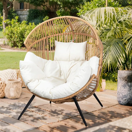 Outdoor Wicker Egg Chair with Cushion, Oversized Patio Lounge Chair for Garden, Balcony, Indoor & Outdoor Use, Beige