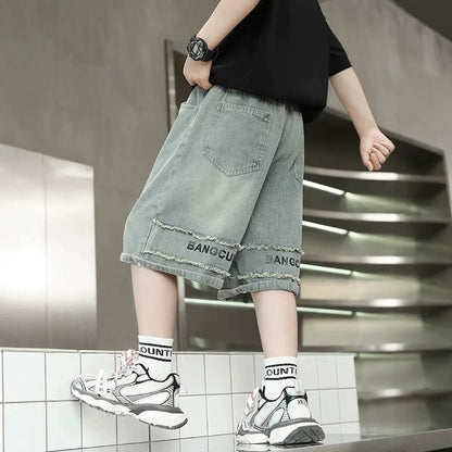 Boys Denim Shorts,  Summer, Half-length Jeans with Elastic Waist Letter Patch, Shorts 4-14YRS