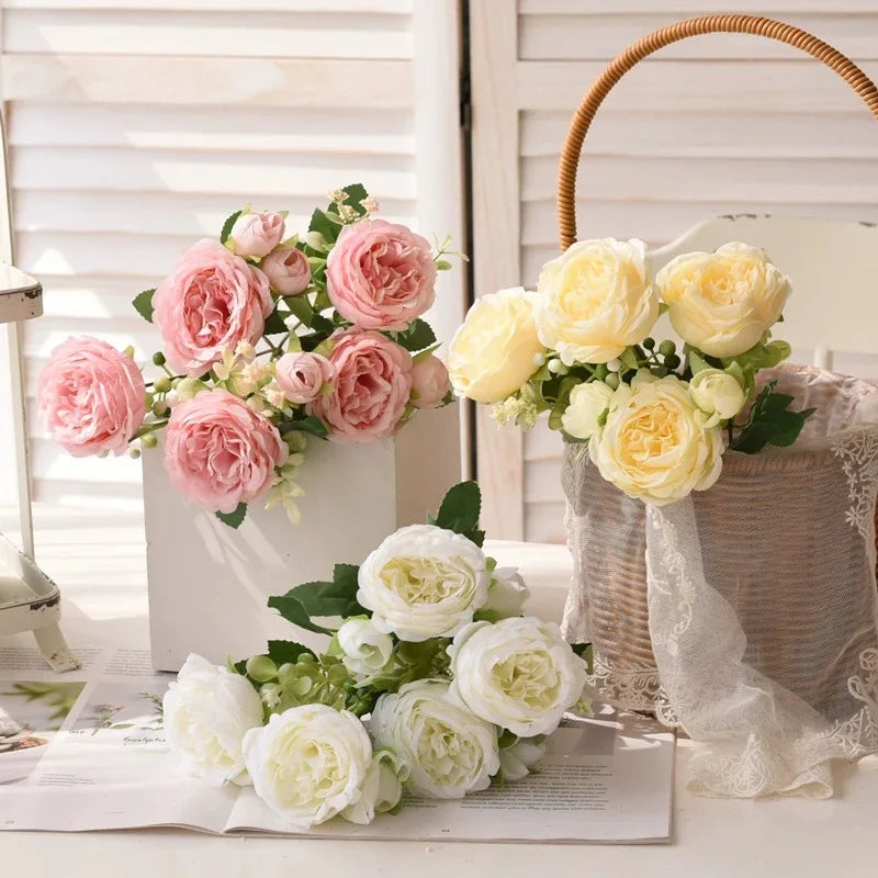 30cm Rose Pink Silk Bouquet of Peony Artificial Flowers.  5 Big Head 4 Small Bud.  MOTHERS DAY Gift!!!  Wedding, Home Decoration Artificial Flower