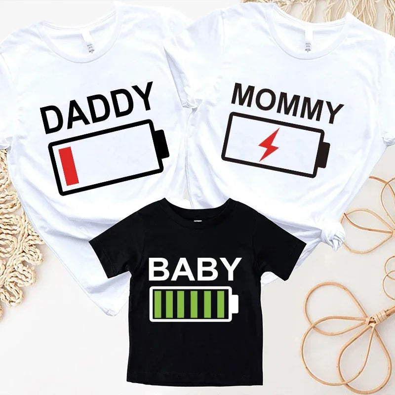 Battery Print T-Shirt Daddy,  Mommy,  Daughter,  Son,  Baby, Matching Family Clothes, Dad Mom and Me,  Kids , Baby Classic Tees