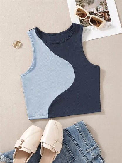Women's Ribbed Knit Tan Tank Top O-neck Sleeveless Cute Baby Tee, Summer Patchwork Color Block Crop Top T Shirt.  Tan color ONLY available S, M, L.  Pink is OUT-OF-STOCK.