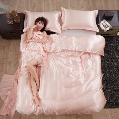Nordic Satin Silk Bedding Set with Duvet Cover,  Bed Sheet,  Pillowcases.   Luxury Solid Single, Double, Couple Pillow Case and Bedsheet