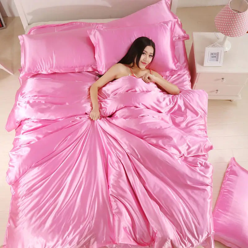 Nordic Satin Silk Bedding Set with Duvet Cover,  Bed Sheet,  Pillowcases.   Luxury Solid Single, Double, Couple Pillow Case and Bedsheet