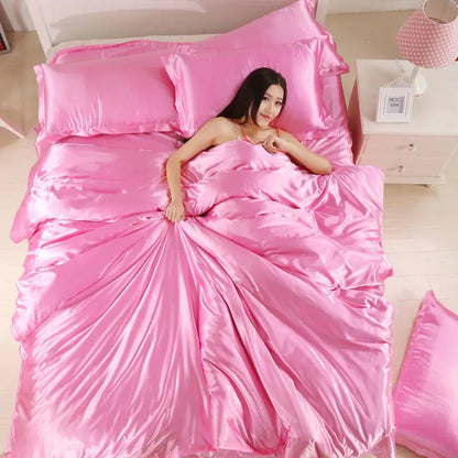 Nordic Satin Silk Bedding Set with Duvet Cover,  Bed Sheet,  Pillowcases.   Luxury Solid Single, Double, Couple Pillow Case and Bedsheet
