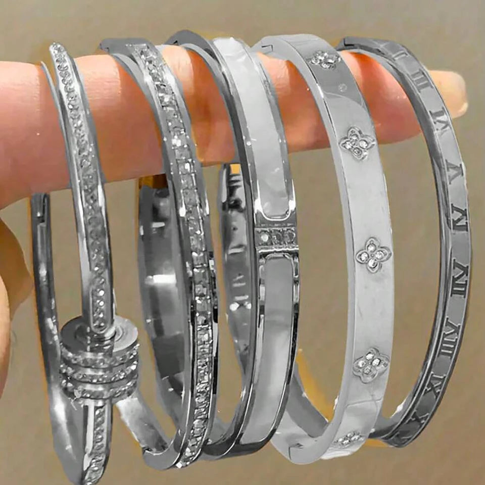 5/1pcs Sparkling Zirconia Inlaid Stainless Steel Bracelet Set for Women,  Stackable Bangles Fashion Non Fading Jewelry Gift.  Perfect for Mothers Day!