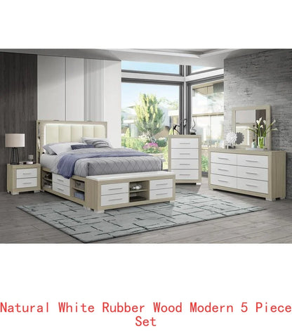 Natural White Full Bedroom Set 5 Pieces - Modern Design for Cozy Spaces, Includes Bed Frame, Nightstands, Dresser and Mirror