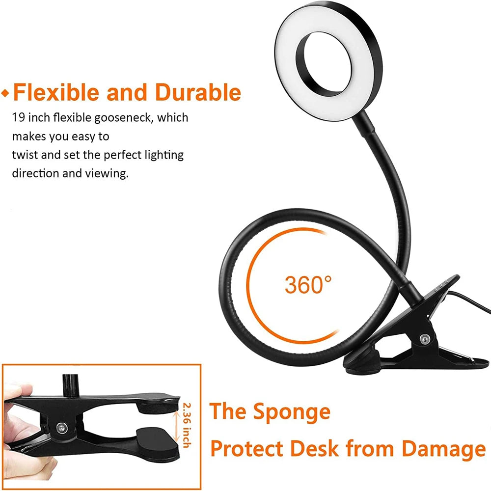 48 LEDs Clip on Desk Lamp 360°Flexible Gooseneck Reading Table Light.  Eye-Caring USB Clamp Light