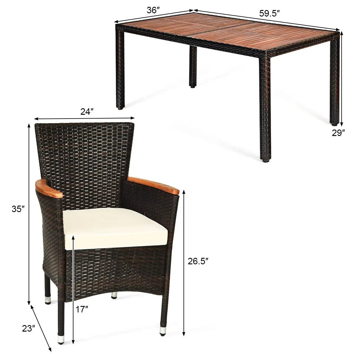 7 PCS Outdoor Patio Dining Set,  Dining Set w/Acacia Wood Table Top, Stackable Chairs with Soft Cushion, Poly -Wicker Dining Table