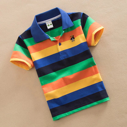 Summer Childrens Short Sleeve Stripe Tees.   Cartoon Bear Embroidery,  Tops Teens Breathable Polo Shirt Kids Clothing