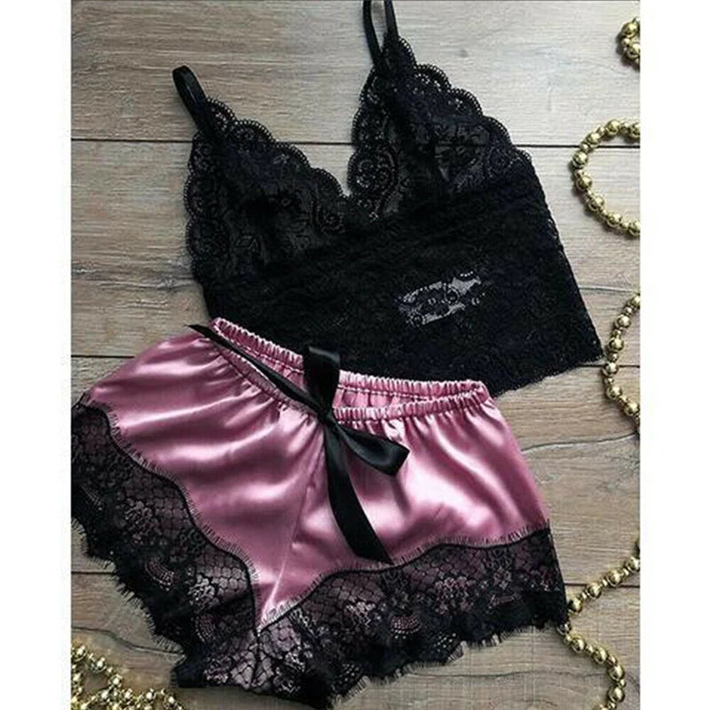 2PCS Womens Lace Sleepwear Lingerie Top and.  Shorts Set.  Babydoll Pajamas Nightwear
