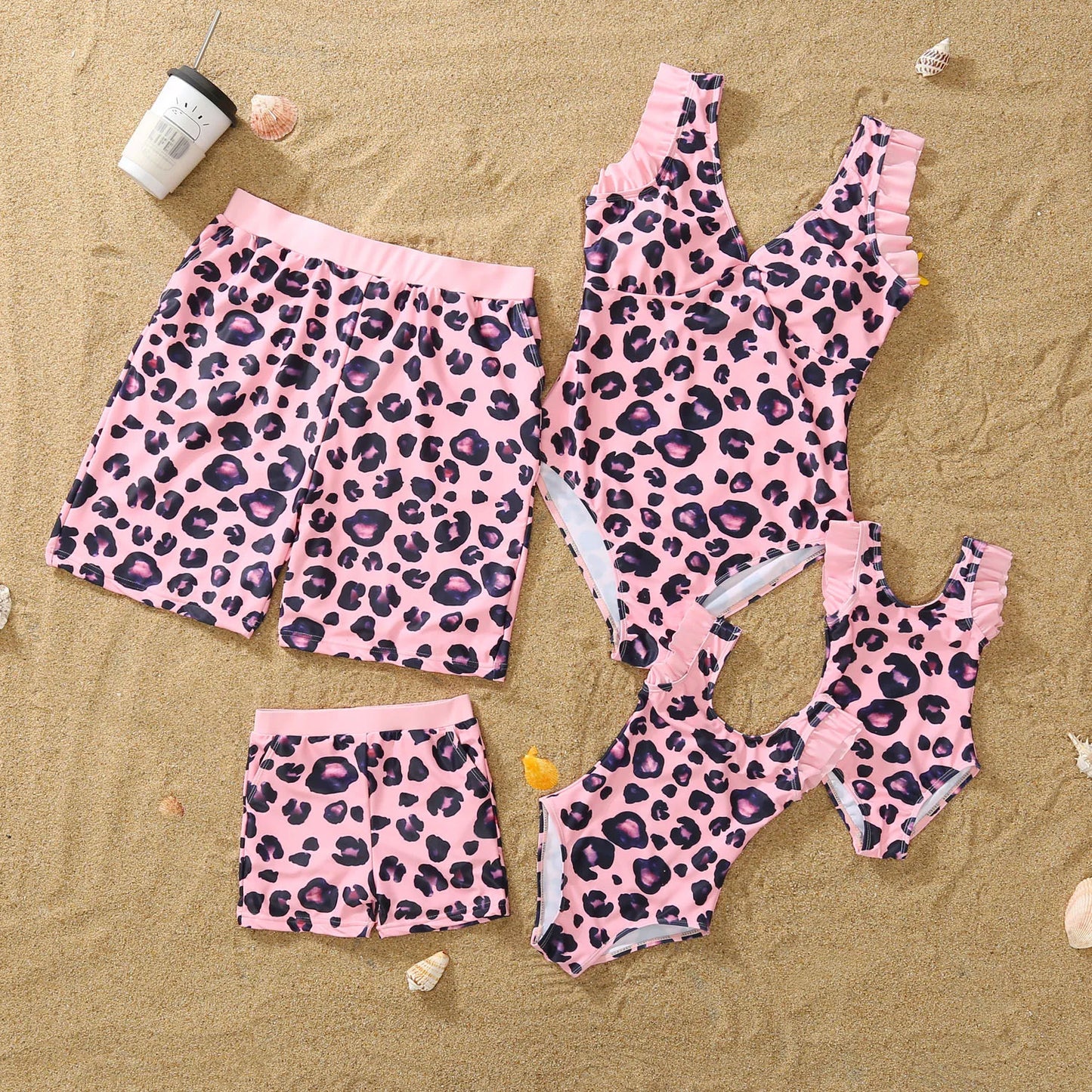 Summer Mom -Daughter/ Dad -Son Matching Swimsuit in Pink Leopard Frill Trim One-piece Suit Swimwear Trunks Beachwear Family Look