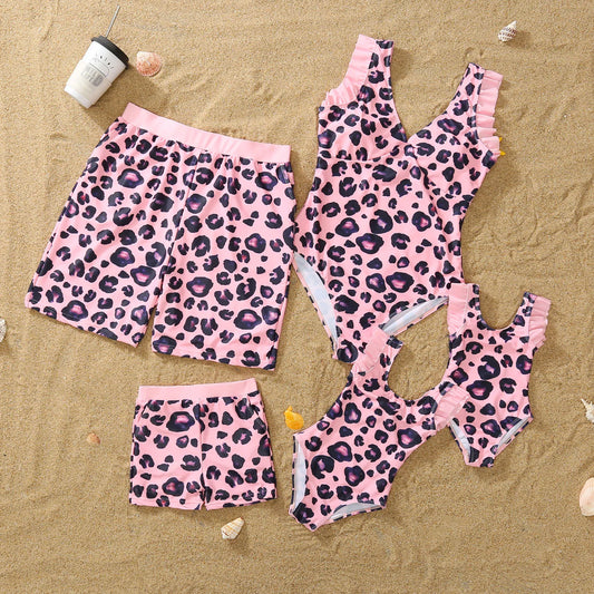 Summer Mom -Daughter/ Dad -Son Matching Swimsuit in Pink Leopard Frill Trim One-piece Suit Swimwear Trunks Beachwear Family Look