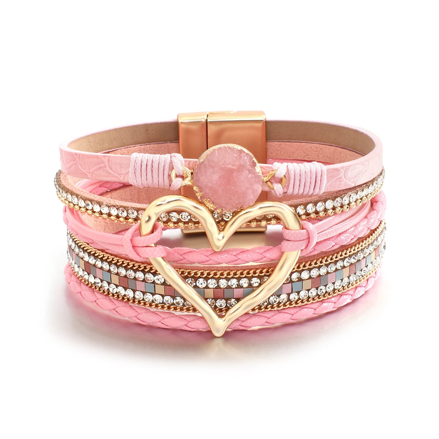 Metal Love Heart Charm,  Leather Bracelets for Women, Fashion Rhinestone Braided Wrap Bracelet , Bangle Female Jewelry Gifts