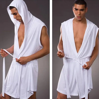 Men's Pajamas,  Sleeveless,  Oversized,  Silky,  Male Pajamas.   Hooded Bathrobe and Ultra-thin Homewear,  Bath Robe