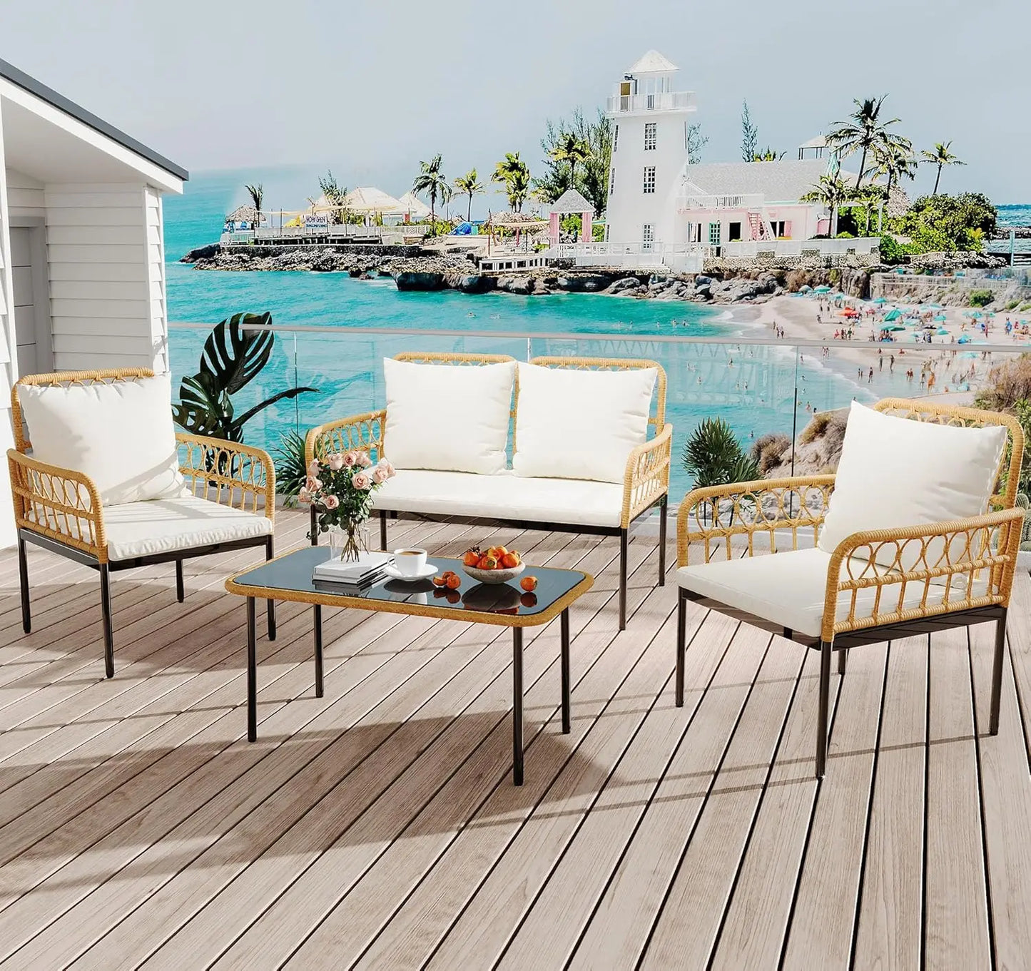 4 Piece Patio Furniture Set of  Wicker for  Outdoor Patio Table and Chairs Set with Glass Side Table, Loveseat Chairs, Boho Rattan