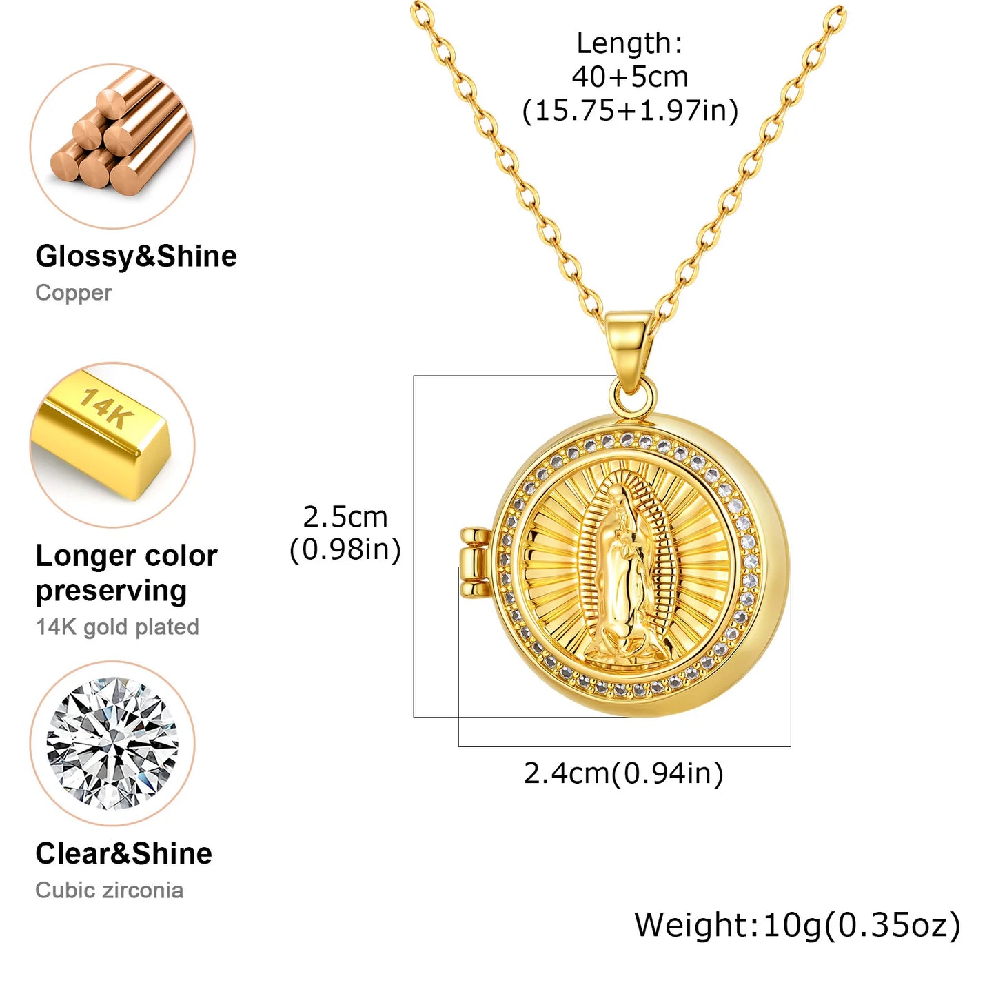 Vnox Metal AAA Zircon Inlaid Virgin Mary Necklace, Gold Plated Can Open Pendant, Classic Religious Jewelry