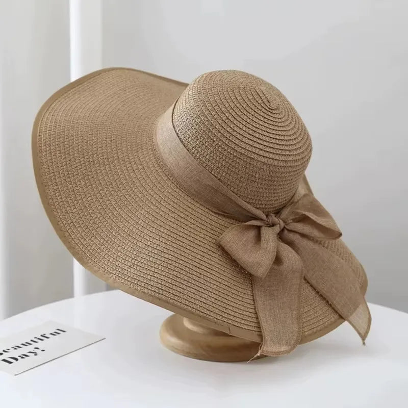 Summer Women's Large brimmed Straw Hat with Bow  and Wide BRIM.  Sunscreen,  Soft, Panama Hat, Foldable Beach Sunshade Hat