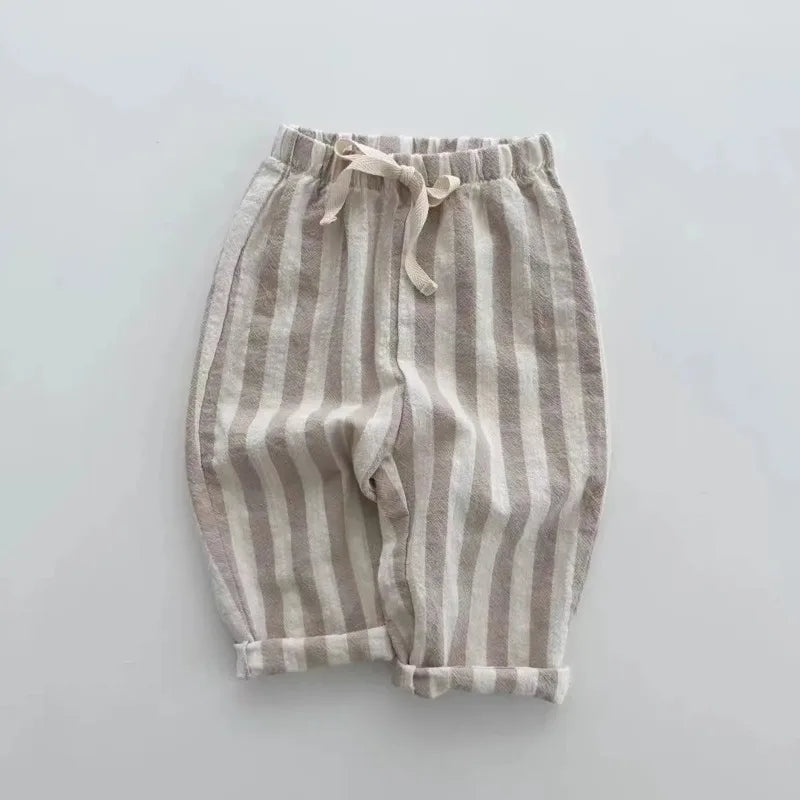Vintage Linen/ Cotton Stripe Pants for Boys and girls.   Casual Pocket Design, Elastics Waist Pants for Toddlers