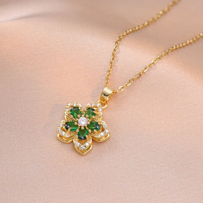 Shiny Zircon Romantic Flower Pendant, Necklace For Women Gold Plated Rotatable Flowers Choker for Girls , Wedding Party,  Luxury Jewelry